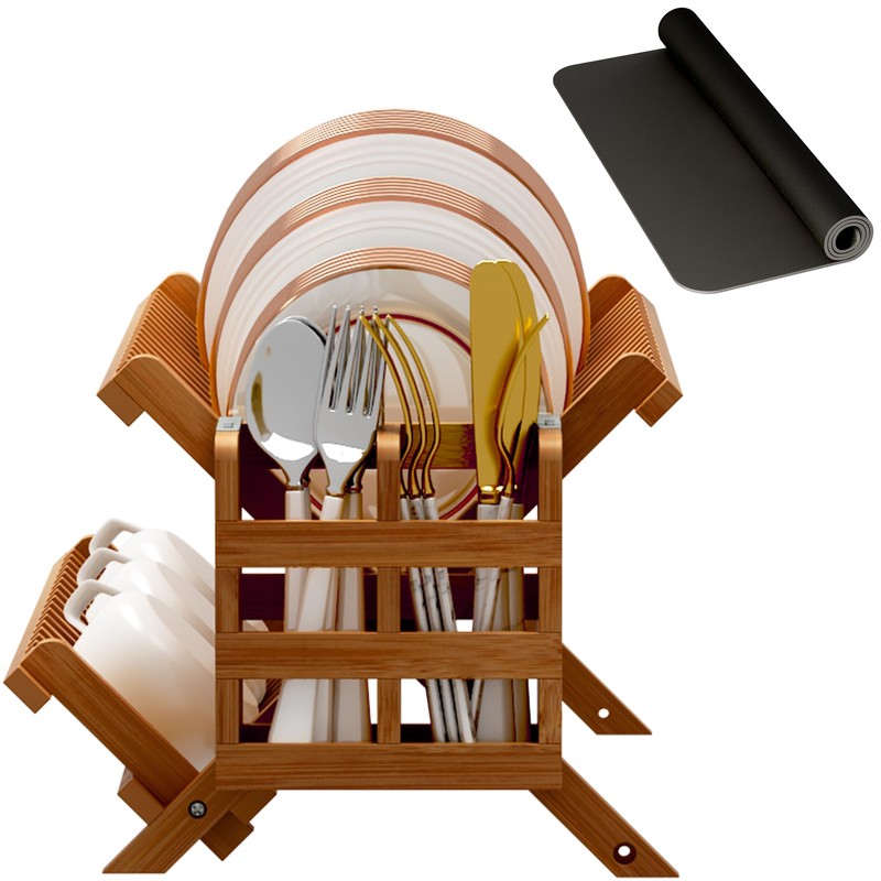 Greenual Teak Dish Drying Rack with Utensil Holder, 2 Tier