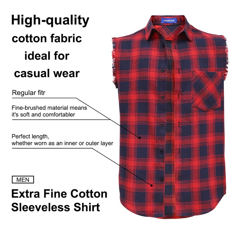 LOGEEYAR Men Plaid Sleeveless Shirt Leisure Button Down Vest Shirt