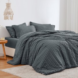 Love's cabin Seersucker Charcoal Grey Queen Comforter Set 7 Pieces, All Season Bedding Set, Queen Bed in a Bag Comforter Set with Comforter, Flat Sheet, Fitted Sheet, Pillowcase and Pillow Sham