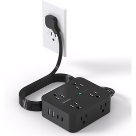 Power Bar Surge Protector, 5 Ft Flat Plug Exetnsion Cord with Multiple Outlets, Power Strip with 4 USB Ports(2 USB C), Wall Mount for Home Office College Dorm Room Essentials, ETI Listed, Black