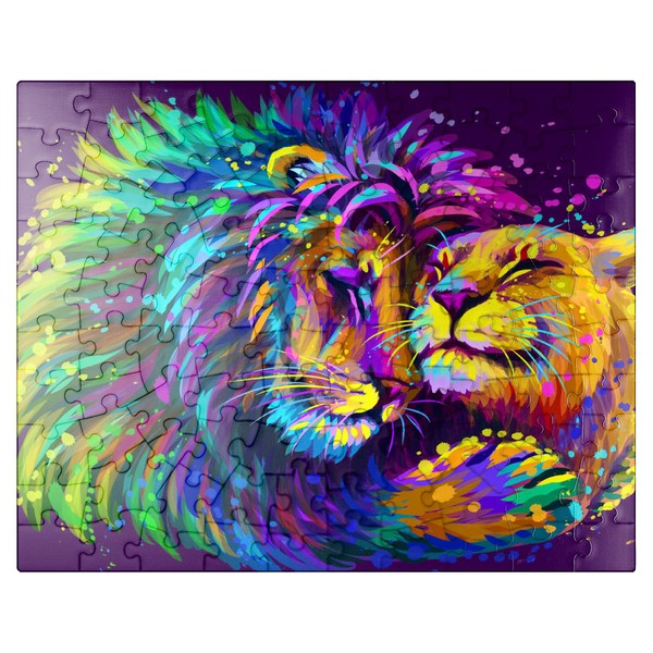 Artistic Neon Lion Hugging Lioness in Pop Art Style - Premium 100 Piece Jigsaw Puzzle for Adults