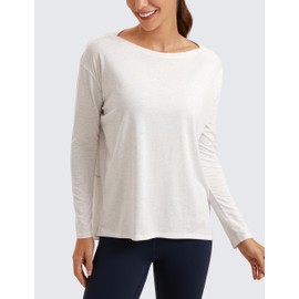 CRZ YOGA Pima Cotton Long Sleeve Workout Shirts for Women Loose Fit Athletic Yoga T-Shirts Casual Boat Neck Fall Tops Ice Grey/White X-Large