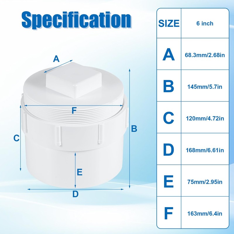 2pcs 6" PVC Sewer Cleanout Cap with Plug Cover Fitting,