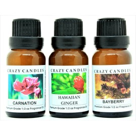 Crazy Candles 3 Bottles Set, 1 Carnation, 1 Hawaiian Ginger, 1 Bayberry 1/2 Fl Oz Each (15ml) Premium Grade Scented Fragrance Oils