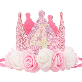 SuPoo 4th Birthday Crown Pink Princess Crown Hat Outfit Sequin Birthday Decorations for Girls Glitter Tiara Headband Rose Flower Party Decorations 4 Year Old Gift For Girls Photo Props