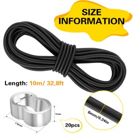 HGRGHH Rubber Cord Expander Rope 6 mm 10 m Black Elastic Rubber Cord with 20 M6 Aluminium Crimping Loop, Rubber Cord for Trailer Tarpaulin, DIY Crafts Sewing, Luggage, Camping, Sailing Tarpaulin Rope