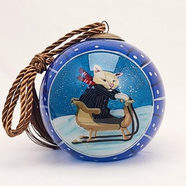 Handcrafted Inside-Painted Glass Ornament - Blue-Ski Kitten Design by LiBien丨Artistic Holiday Collectible & Unique Keepsake for Cat Lovers
