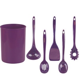 Reston Lloyd 6 Piece Kitchen Utensil Holder for kitchen counter, Utensils crock with Heat Resistant Spoon, Slotted Spoon, Ladle, Spatula BPA Free, Plum