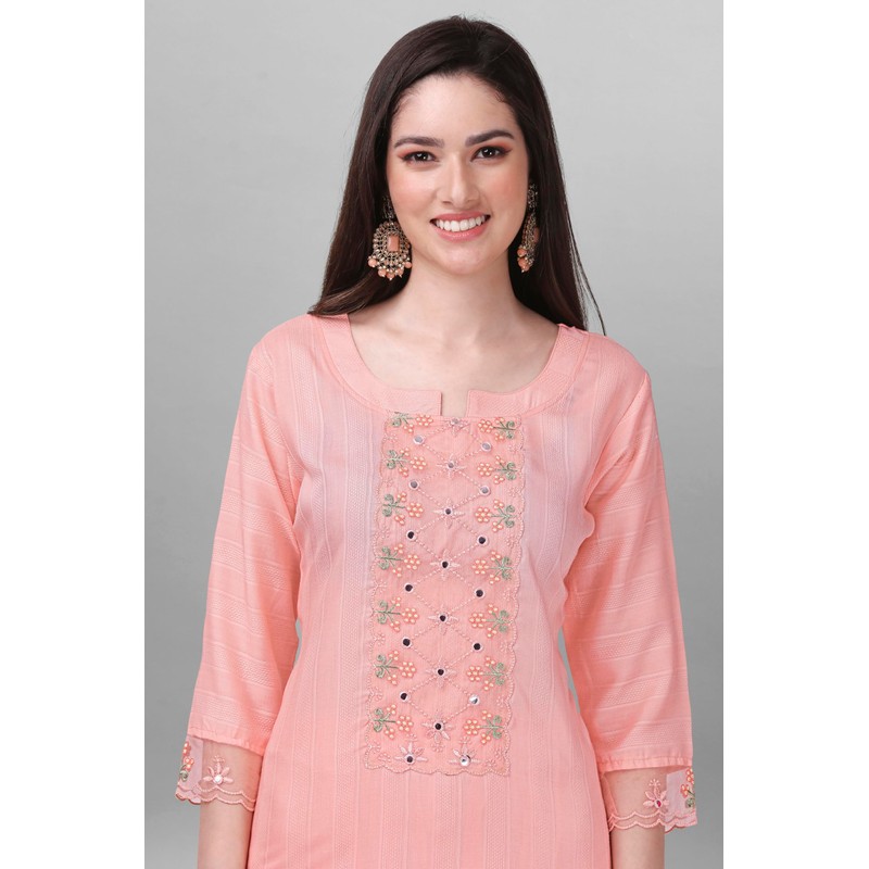 TRENDMALLS Women's Cotton Embroidery Kurta Pant Suit Set (TM.G103-LightPink-M)