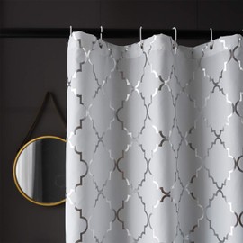 White Shower Curtain with Geometric Silver Foil Moroccan Tile Pattern on Pure White Soft Fabric, Grommet Top Bathroom Shower Curtain Set, 12 Hooks Included, 72 x 72 Inch, White and Silver