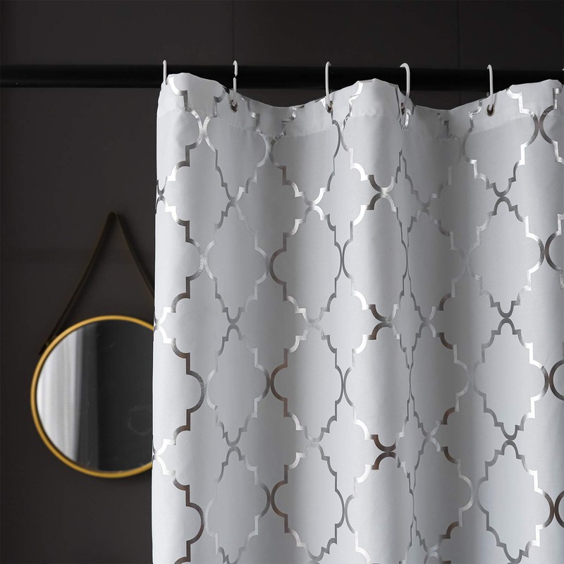 White Shower Curtain with Geometric Silver Foil Moroccan Tile Pattern