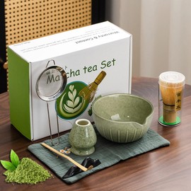 Necomi 7 Pcs Matcha Whisk Set - Matcha Tea Set, Match Bowl with Spout, Whisk, Bamboo Scoop, Whisk Holder, Tea Cloth, Matcha Whisk Set Matcha Green Tea Making Kit (Tea Green)