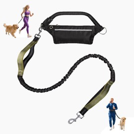 Hands Free Dog Leash with Zipper Waist Pouch Shock-Absorbing Bungee Leash for Running,Walking,Hiking – Adjustable,Reflective,Durable,Heavy Duty For Small,Medium,Large Dogs (8–120 lbs) (Military Green)