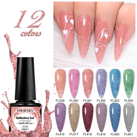 Four Lily Reflective Glitter Gel Polish Set, 12 Colors Silver Pink Sparkly Glitter Shimmery Gel Polish Shiny Disco Soak Off Gel Nail Polish Nail Art Manicure Salon DIY at Home Gifts for Women Girls
