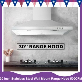 30 inch Stainless Steel Wall Mount Kitchen Range Hood 500CFM 3 Speed Control LED