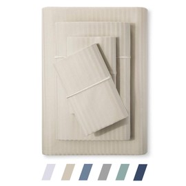 Feather & Stitch 500 Thread Count Full Size 100% Cotton Sheets Beige 4 Piece Damask Stripe Breathable Silky Soft Sheet Set Extra Deep Pocket Fits Mattress Upto 18 inch Sateen Weave Luxury Bedding