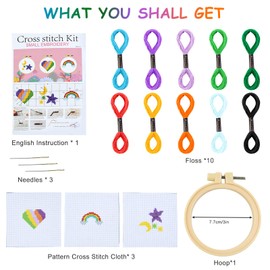 Cross Stitch Beginner Kit for Kids, Cross Stitch Starter Kit Rainbow Cross Stitch Kits Pre Printed Embroidery Kits Sewing Kit with Patterned Cloth, Hoop, Skeins, Needle, Instruction for Children Adult