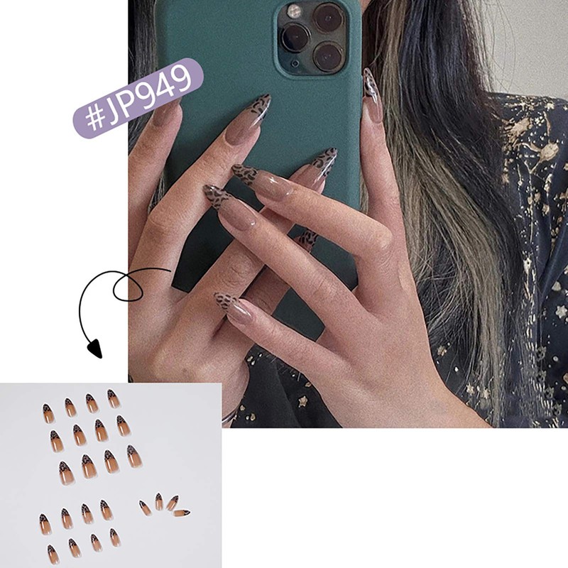 French Leopard Print Pointed Toe Ultra Long Ballerina False Nails,