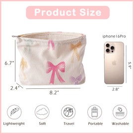 Cute Soft Corduroy Zipper Makeup Bag for Purse, Coquette Aesthetic Pouch with Pinkbow Pattern for Women Girls, Brushes Storage Travel Cosmetic Bags(04Colourful Bow)
