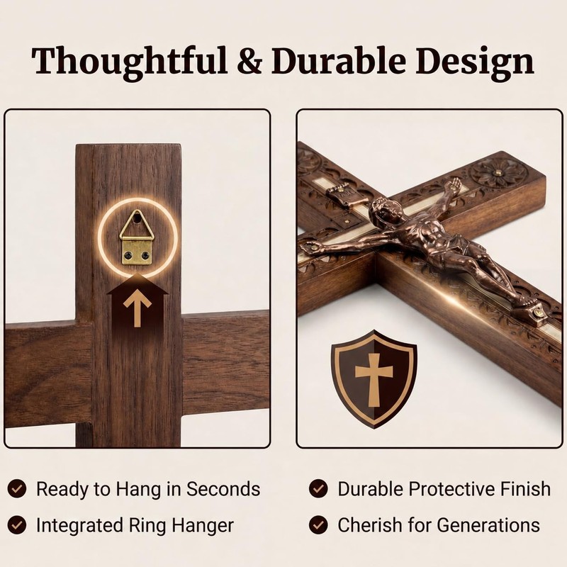 Woodvio - Handmade Wooden Wall Cross, Hand Carved Surface, Catholic