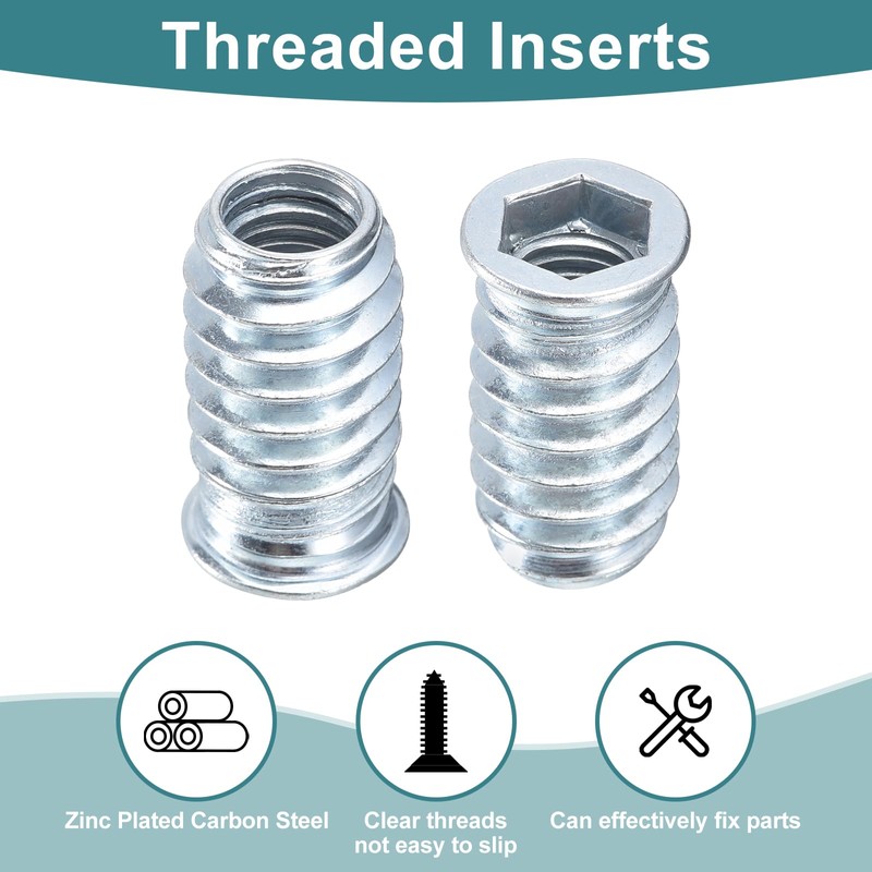 sourcing map 30Pcs Threaded Inserts, M10-1.5x30 Zinc Plated Carbon Steel