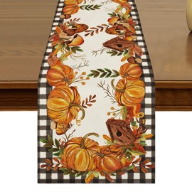 Fall Pumpkins Buffalo Plaid Table Runner 13x72 Inch Kitchen Dining Seasonal Harvest Mushrooms Birdhouse Leaves Table Decor for Indoor Outdoor Farmhouse Home Party Decoration ZQ133