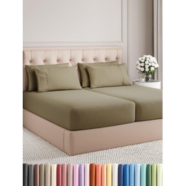 Split King 7 Piece Sheet Set - Comfy Breathable & Cooling - Ultra-Soft Hotel Luxury Bedding Set w/ 8-16 Inch Deep Pockets - 1 Flat & 2 Fitted Sheet & 4 Pillowcases - Wrinkle Free & Easy Care - Khaki