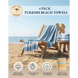 LANE LINEN Beach Towel 4 Pack, Oversized Beach Towels for Adults, Lightweight Travel Beach Towels, Pre-Washed for Soft Hand Feel, Quick Dry Beach Towels, 39"x71" - Sky Blue