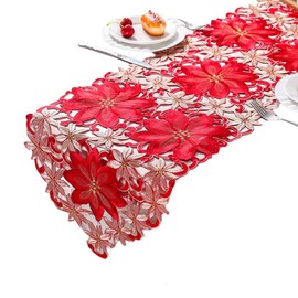 Christmas Table Runner, Embroidered Table Runners Luxury Poinsettia Holly Table Runner for Coffee Desk Placemat Decorations