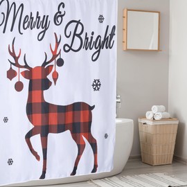 RLoncomix Red Buffalo Plaid Reindeer Shower Curtains Xmas Checker Farmhouse Standard Bath Curtain Waterproof Fabric Christmas Holiday Home Bathroom Decor Curtain with Hooks, 72 x 72 Inches