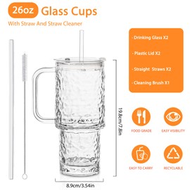 26oz Water Ripple Glass Tumbler with Handle & Lid, Reusable Iced Coffee Cups with Straws – Set of 2, Glass Cups for Smoothies, Juice, Coffee, Tea – Travel Mugs for Daily Use and To-Go