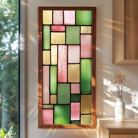 Stained Glass Style Geometric Window Film， Floral Window Privacy Film ，Glass Privacy Decals ，Living Room Sun Blocking Decor， Removable Static Cling Stickers 17.71x39.97 inch