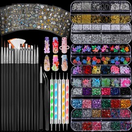 FANDAMEI Nail Art Brushes, Nail Art Kit with 15 Pcs Nail Art Brush, 5 Pcs Dotting Tools, 6 Box Nail Charms and Gems, 10 Flower Nail Stickers, Complete Nail Decoration Art with Nail Art Brushes Black