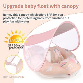 Kids Swimming Pool Float with Removable UPF 50+ Sun Protection Canopy, Infant Toddler Inflatable Swimming Rings for Age of 12-24 Months, Boys Girls Swimming Trainer (Large, Pink Unicorn with Tail)