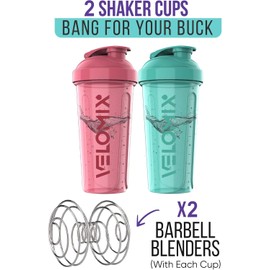 VELOMIX -2 Pack- 28 oz Protein Shaker Bottles for Protein Mixes - 2x Wire Whisk | Leak Proof Shaker Cups for Protein Shakes | Protein Shaker Bottle Pack (Pink/Turquoise)