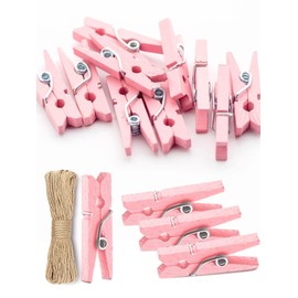 Mini Clothes Pins for Photo, Sturdy Natural Wooden Clothespins 150 Pcs 1 Inch with 33 FT Jute Twine, Small Clips for Crafts Display Baby Shower Game Hanging Decorative Pictures Weddings, Pink