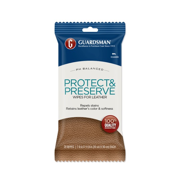 Guardsman 470600 Protect & Preserve Wipes 20 Repels Stains, Retains Color and Softness, for Leather F Furniture & Car Interiors-470600, Count