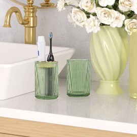 Tonxus Toothbrush Holders for Bathrooms, 2pcs Glass Toothbrush Holder, 12oz Bathroom Tumbler and Mouthwash Cup, Tooth Brush and Toothpaste Organizer for Bathroom Vanity Countertop (Green Gold)