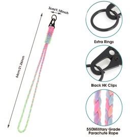WUBAYI Paracord Keyring - Long Wrist Lanyard with Leather Collar, Adjustable Lanyard & Survival Bracelet for Keys and ID Cards, Multi-Colour