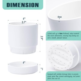 4 Inch Modern Plastic Round Pots for Indoor Houseplants and Herbs, Pack of 3 Planter Pot with Drainage Hole & Saucer, Deep Water Catch Tray, Straight Cylindrical Pot for Plants, Matte White, 23-D-R-1