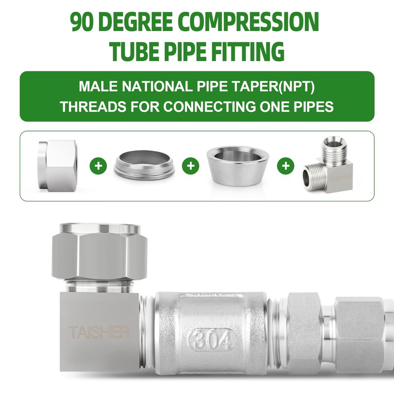 TAISHER 2PCS 304 Stainless Steel Square 90 Degree Compression Tube