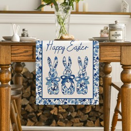 Artoid Mode Blue Porcelain Bunny Rabbit Happy Easter Table Runner,Seasonal Kitchen Dining Table Decoration for Home Party Decor 13x36 Inch
