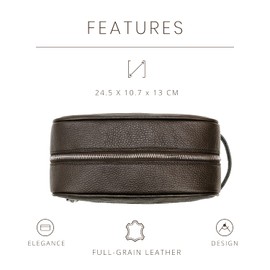Maruse Italian Leather Toiletry Travel Bag with 2 Zippered Closures for Men and Women, Handmade in Italy, Brown