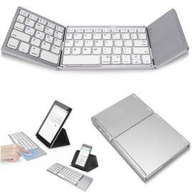 Teclado Inalambrico Plegable, Mini Teclado Bluetooth con Touchpad, Teclado Multidispositivo Portátil y Recargable, Teclado Ergonómico Silencioso para iOS, Android y Windows(Plata)