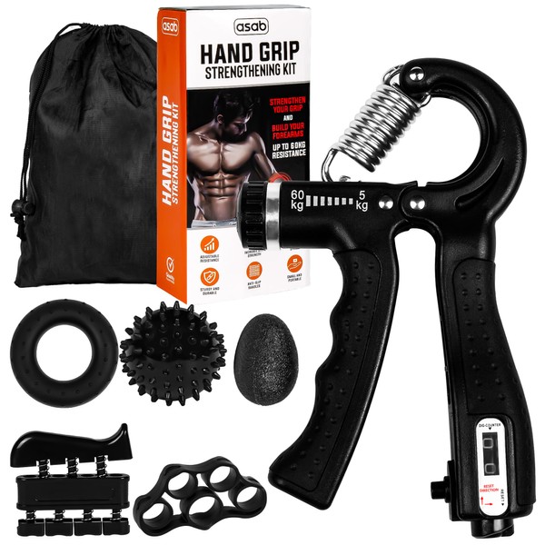ASAB 6 Pcs Hand Grip Strengthener Kit Finger Strengthener Forearm Trainer Non Slip Gripper Handle Grip Ring Stress Relief Egg and Ball Wrist Muscle Fitness Finger Exerciser and Stretcher with Bag