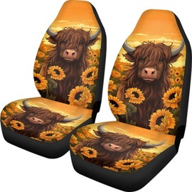 Showudesigns Highland Cow Sunflower Front Seat Covers 2 pcs Vehicle Seat Protector Car Mat Covers Fit Most Car Truck SUV or Van Western Cattle Car Seat Cover