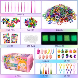 ROSHUKG 14500 Rubber Bands Kit, Colorful Rubber Bands Refill Kit with 3 Layer Container for Girls Boys(Pink)