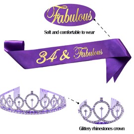 Birthday Crowns for Women 34 & Fabulous Sash and Tiara Birthday Crown for Women Girls Birthday Party Favors Decorations Purple