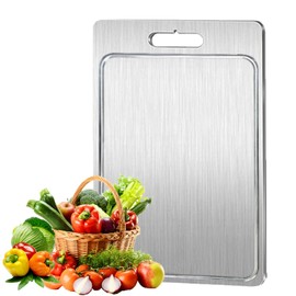 Preshwous Stainless Steel Cutting Boards with Juice Groove, 2mm Premium Brushed 304 Stainless Steel Cutting Board, Double-Sided Chopping Boards for Meat Fruit & Vegetable, Dishwasher Safe(15.4*11 In)