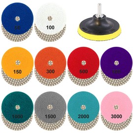 Glarks 4" 10 Pads 50 to 3000 Grit Wet Diamond Polishing Pads and Hooks and 4" Loop Back Holder Disc with 1/4" Shank Set for Granite, Stone, Concrete, Marble, Travertine Polishing